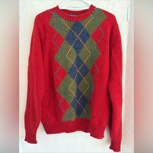 Lands End Argyle Wool Crewneck Sweater Mens Large 42-44 Red, Green, Blue